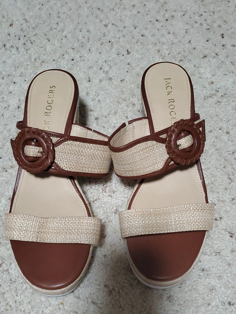 Jack Rogers Cream and Brown Woven Slide Mules